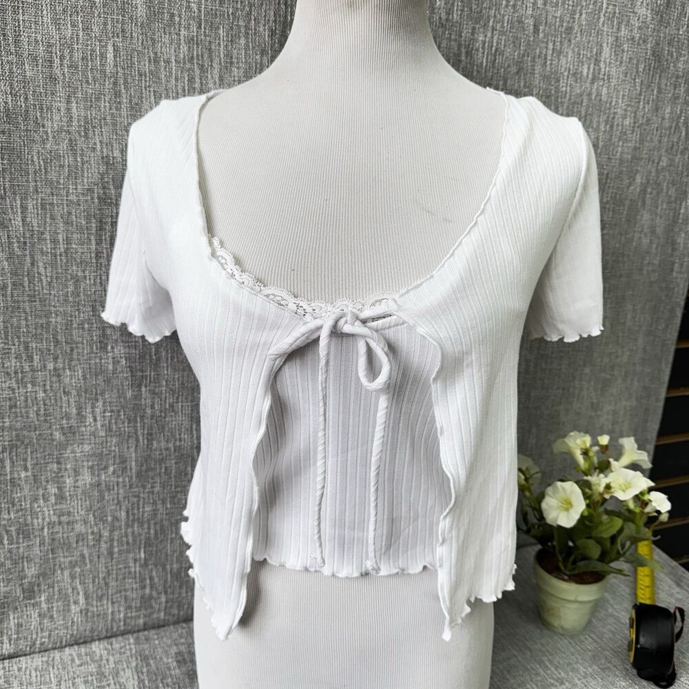 Mixed Threads White Ribbed Crop Top Juniors M Tie Front Ruffle Cami 2-in-1 Layer